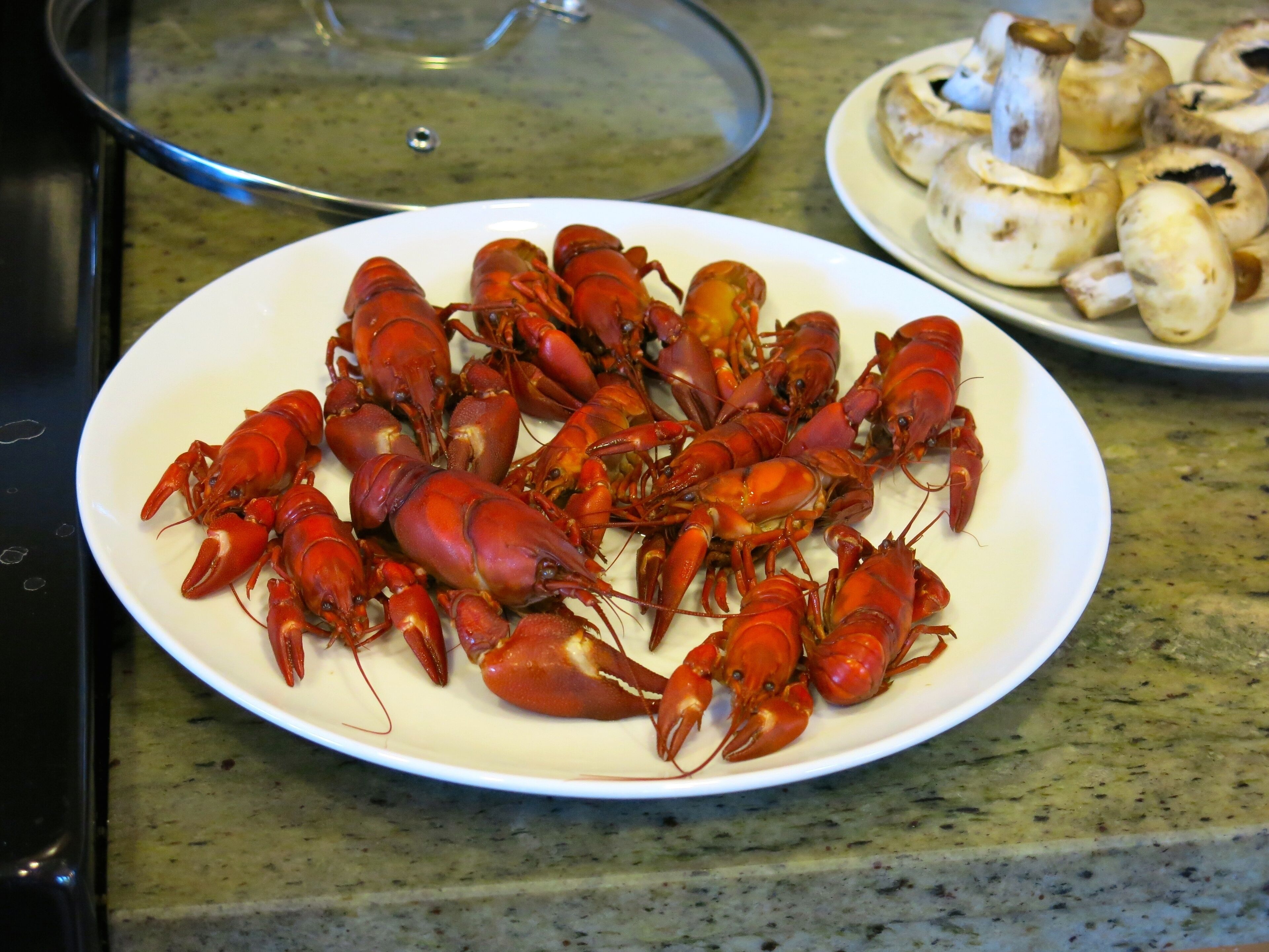 A plate of cooked crayfish on a kitchen counter.