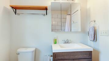 Hair dryer, towels, soap, toilet paper