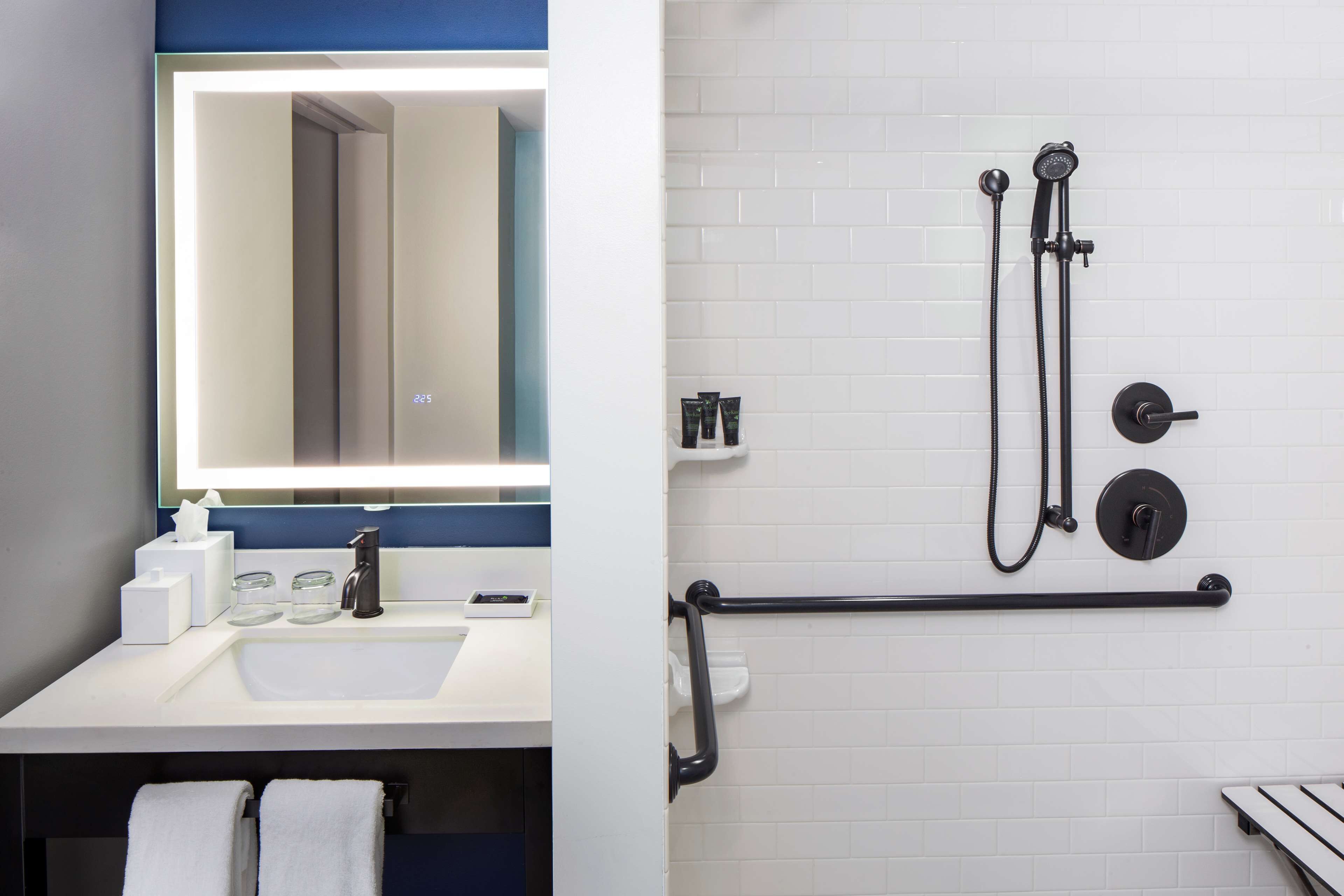 room, 1 king bed, accessible (with shower) | bathroom | shower, designer toiletries, hair dryer, dressing gowns