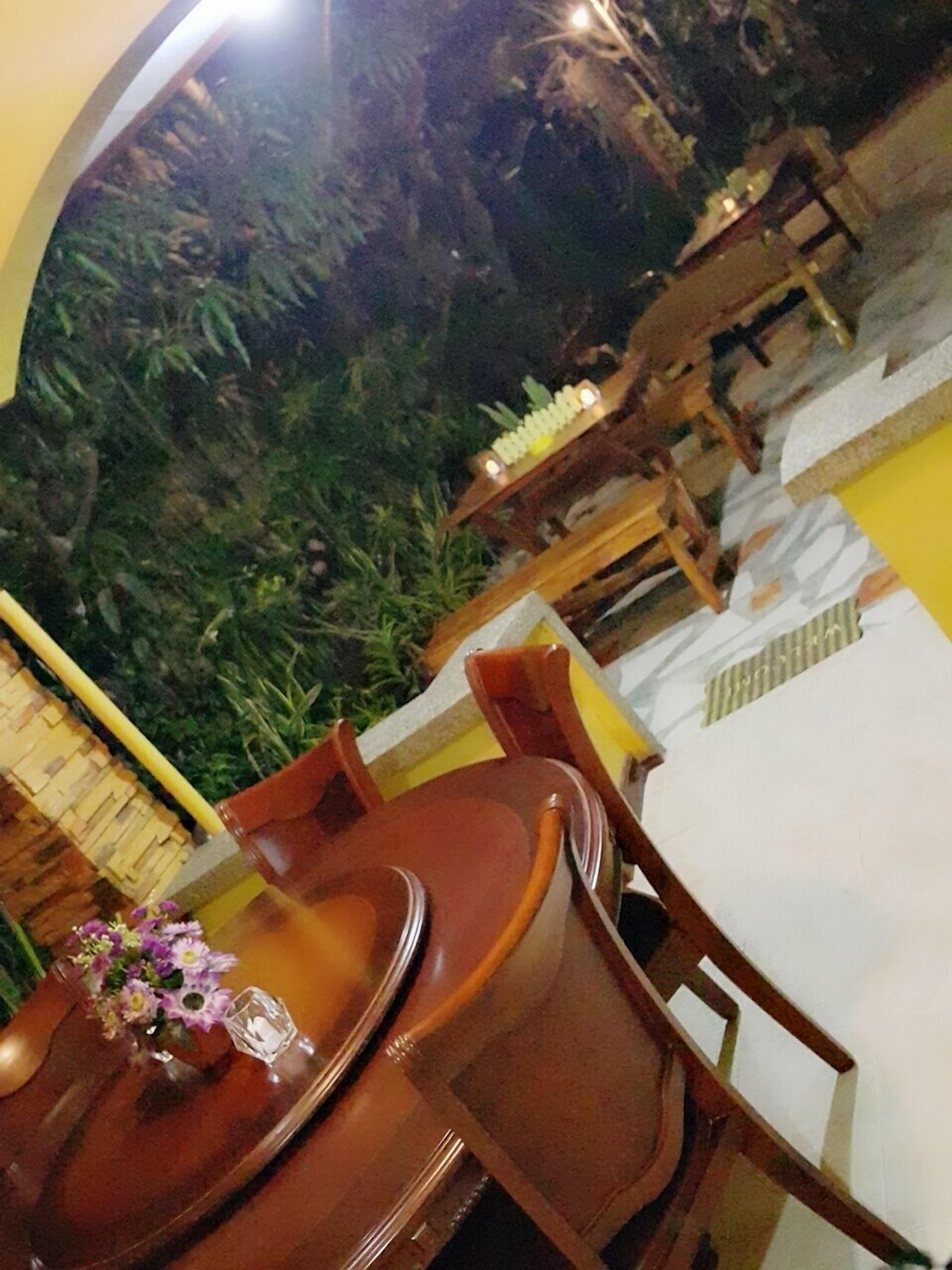 An outdoor dining area with a table and chairs, surrounded by greenery and a yellow wall.