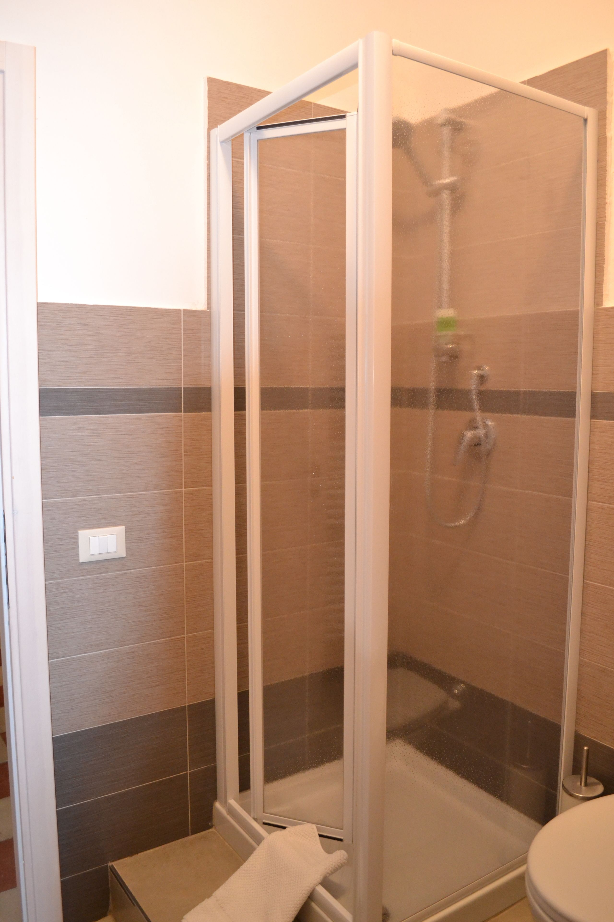 Ducha con puerta de vidrio, cabezal de ducha manual y grifo monomando.