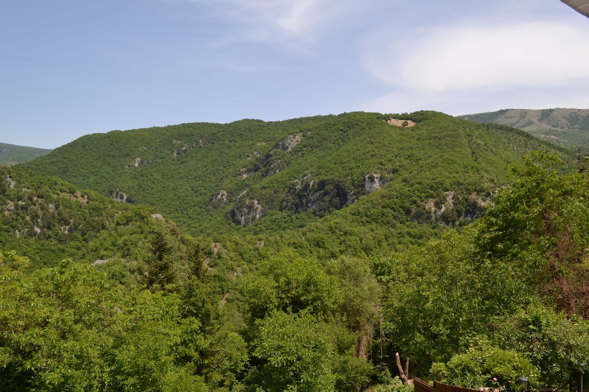 A mountainous landscape with dense green vegetation and rocky outcrops.