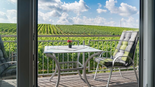 Ein Balkon mit Tisch und Stühlen mit Blick auf einen Weinberg.