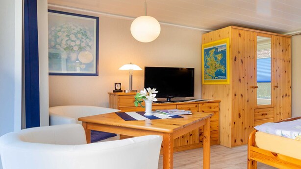 Una habitación moderna con una mesa de madera, un televisor, una cama y un armario.