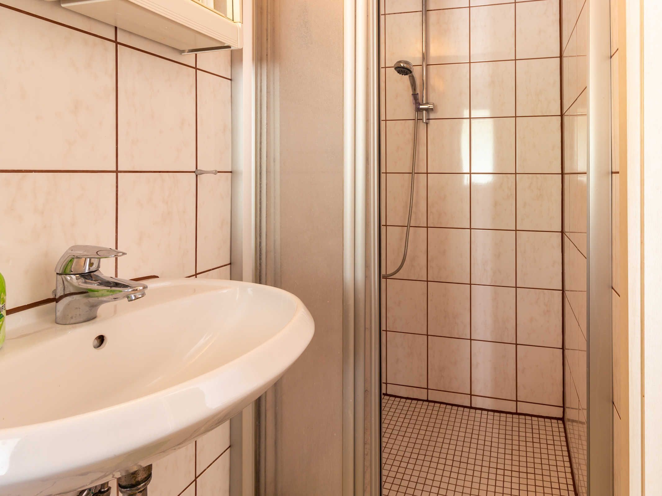 Un bagno con un lavandino bianco, una doccia con soffione manuale e pareti piastrellate.