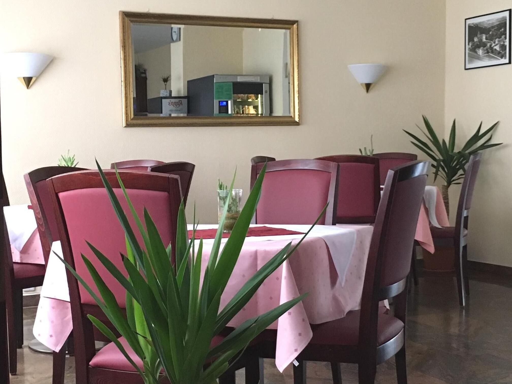 Zona pranzo con tavolo imbandito per quattro persone, circondato da sedie, uno specchio grande appeso al muro e piante in vaso.