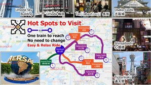 Un mapa de viaje que destaca los lugares de interés en Osaka, incluyendo el Edificio Umeda Sky, Tenjimbashisuji, el Castillo de Osaka y Shinsaibashi.