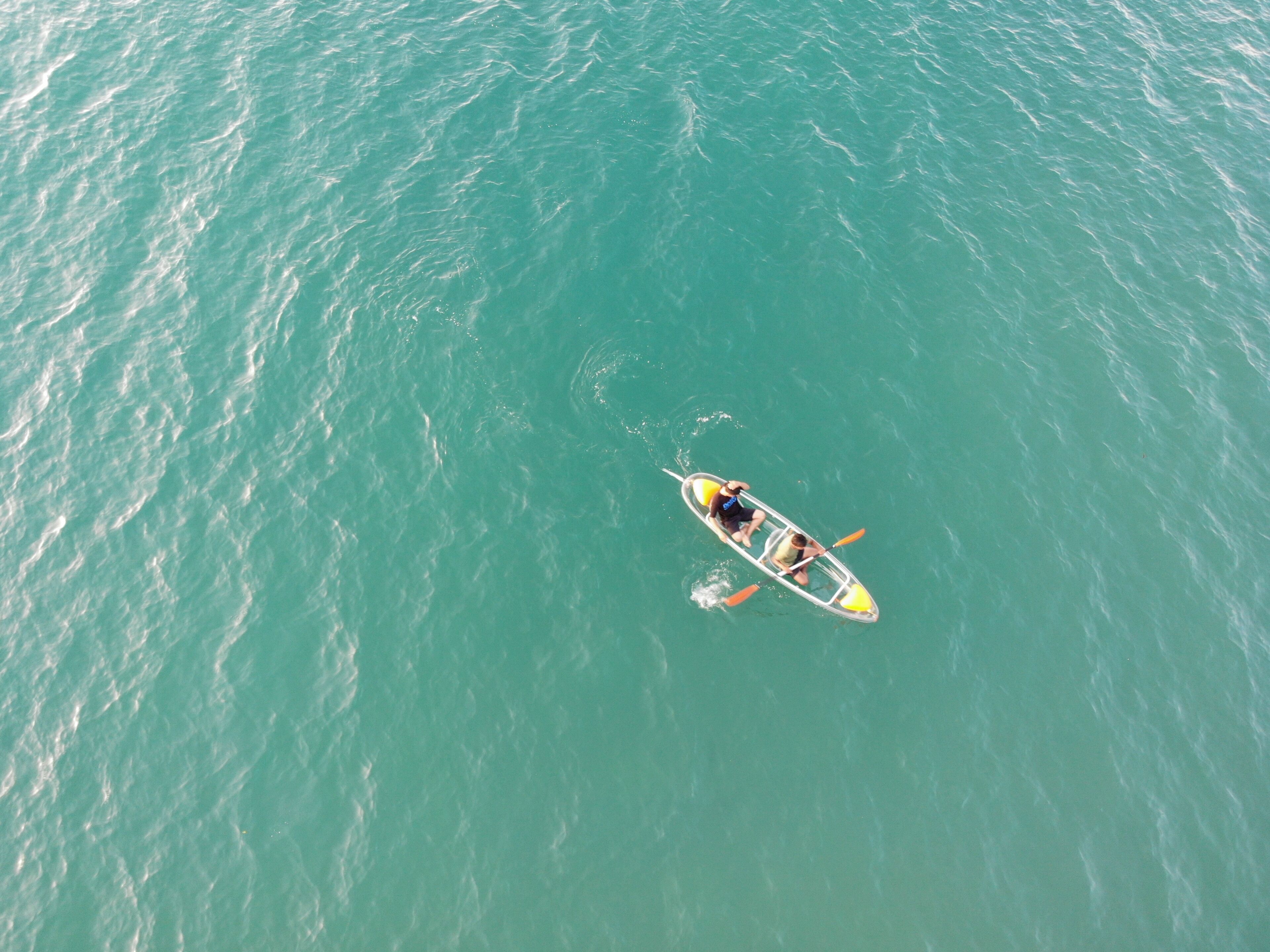 A small boat with two paddles on a calm body of water.