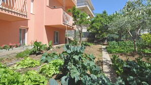 En boligbygning med rosa facade, balkon med gelændinger og en have med forskellige planter og en sti.