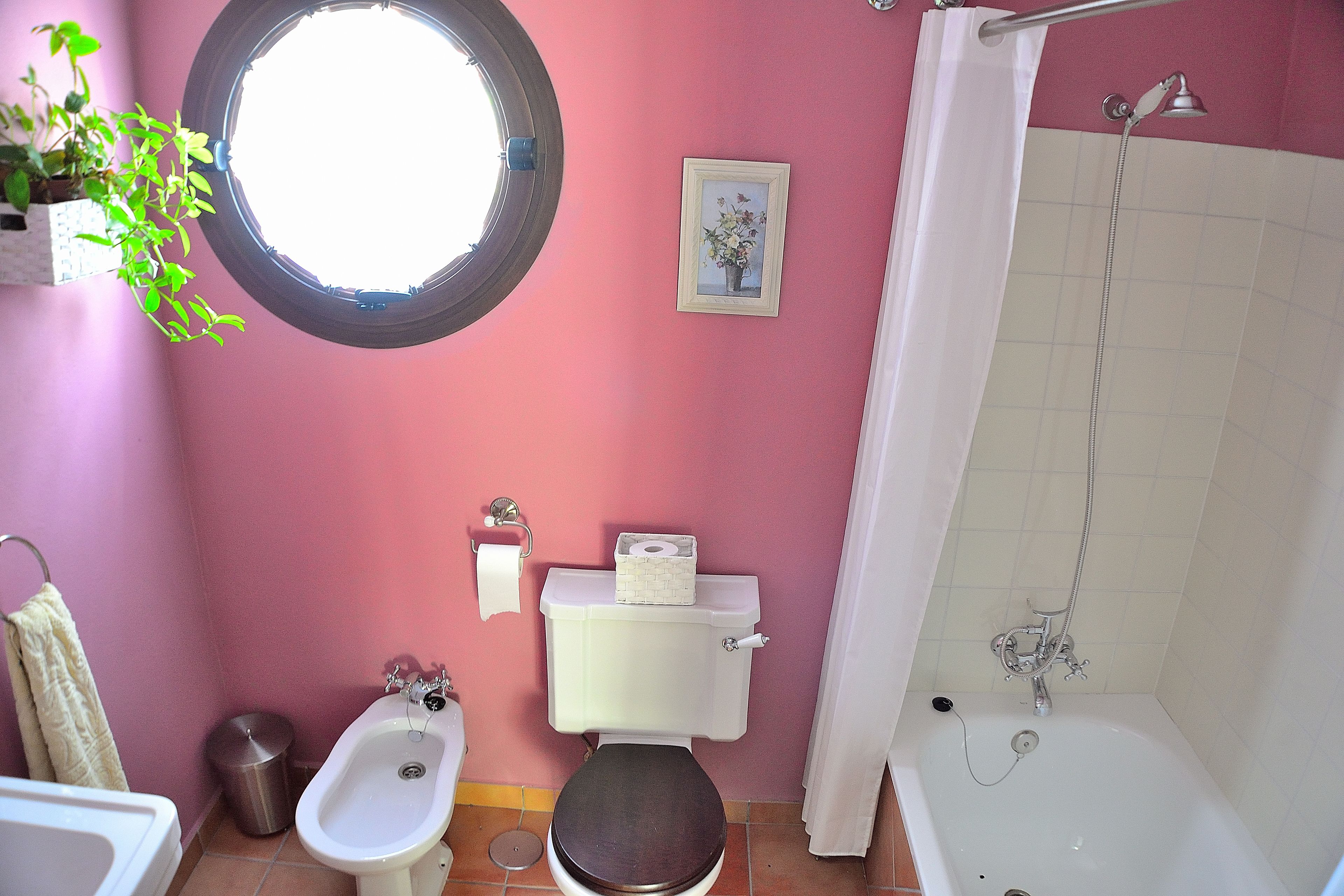 Een badkamer met toilet, bidet, badkuip en een raam met plant.