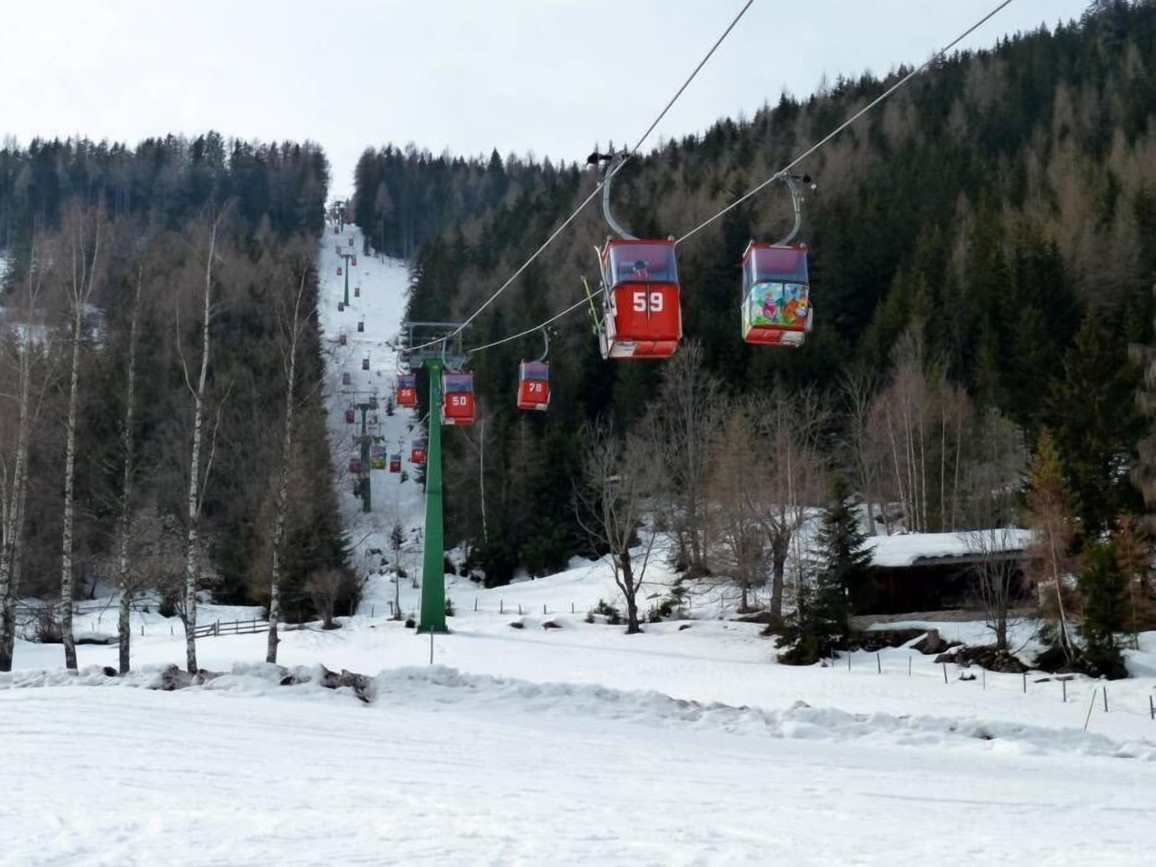 Eine Seilbahn mit Gondeln mit den Nummern 59, 50 und 78, vor einer verschneiten Berglandschaft.