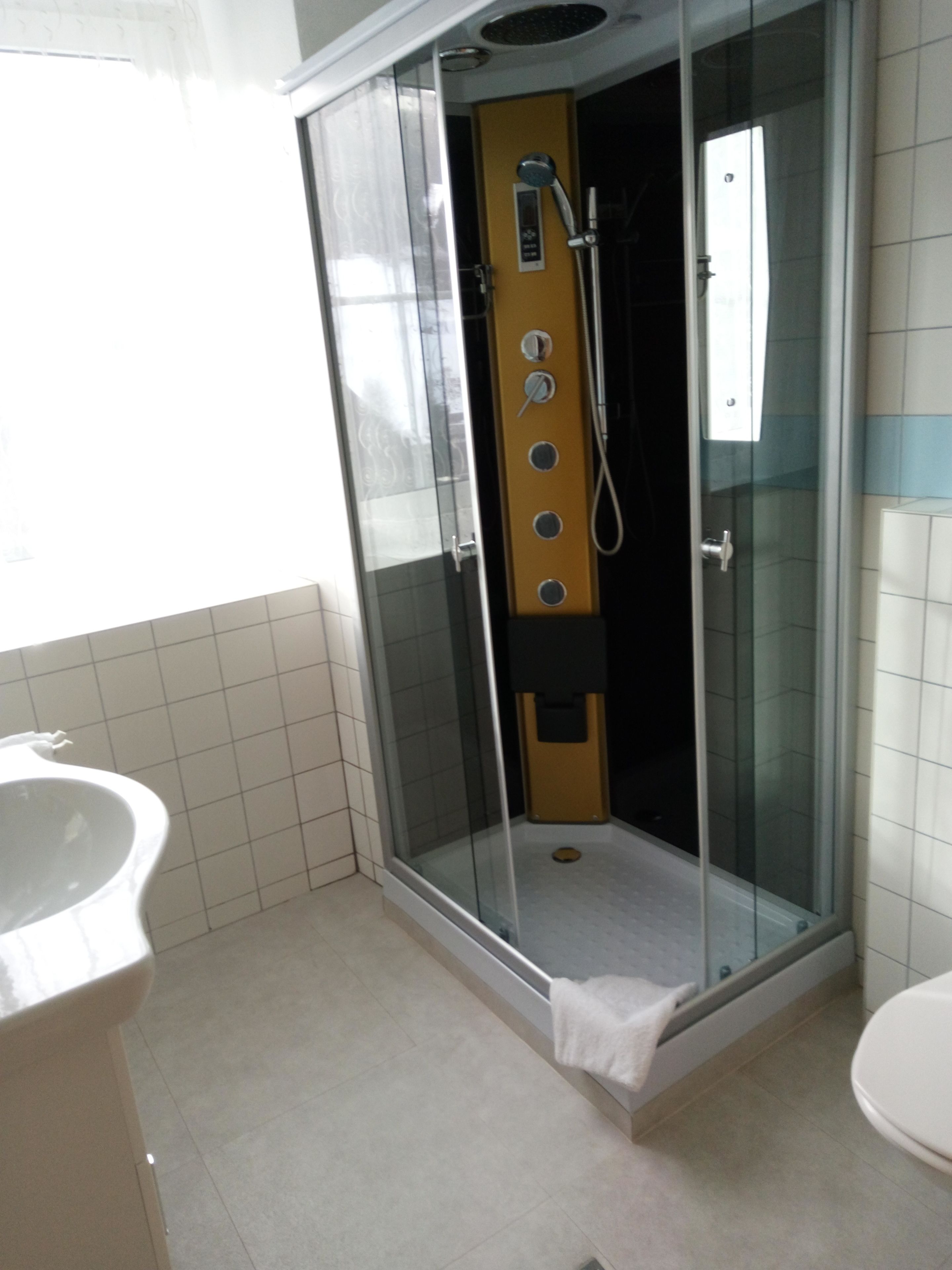 panoramic double room | bathroom | shower, free toiletries, hair dryer, towels