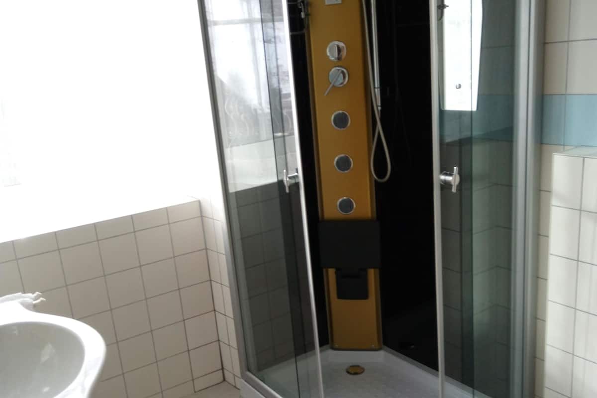 panoramic double room | bathroom | shower, free toiletries, hair dryer, towels