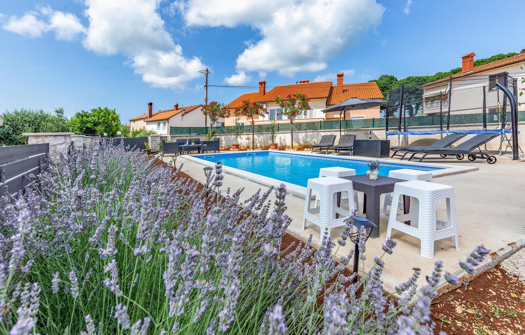 A swimming pool with lounge chairs and a garden with lavender plants.