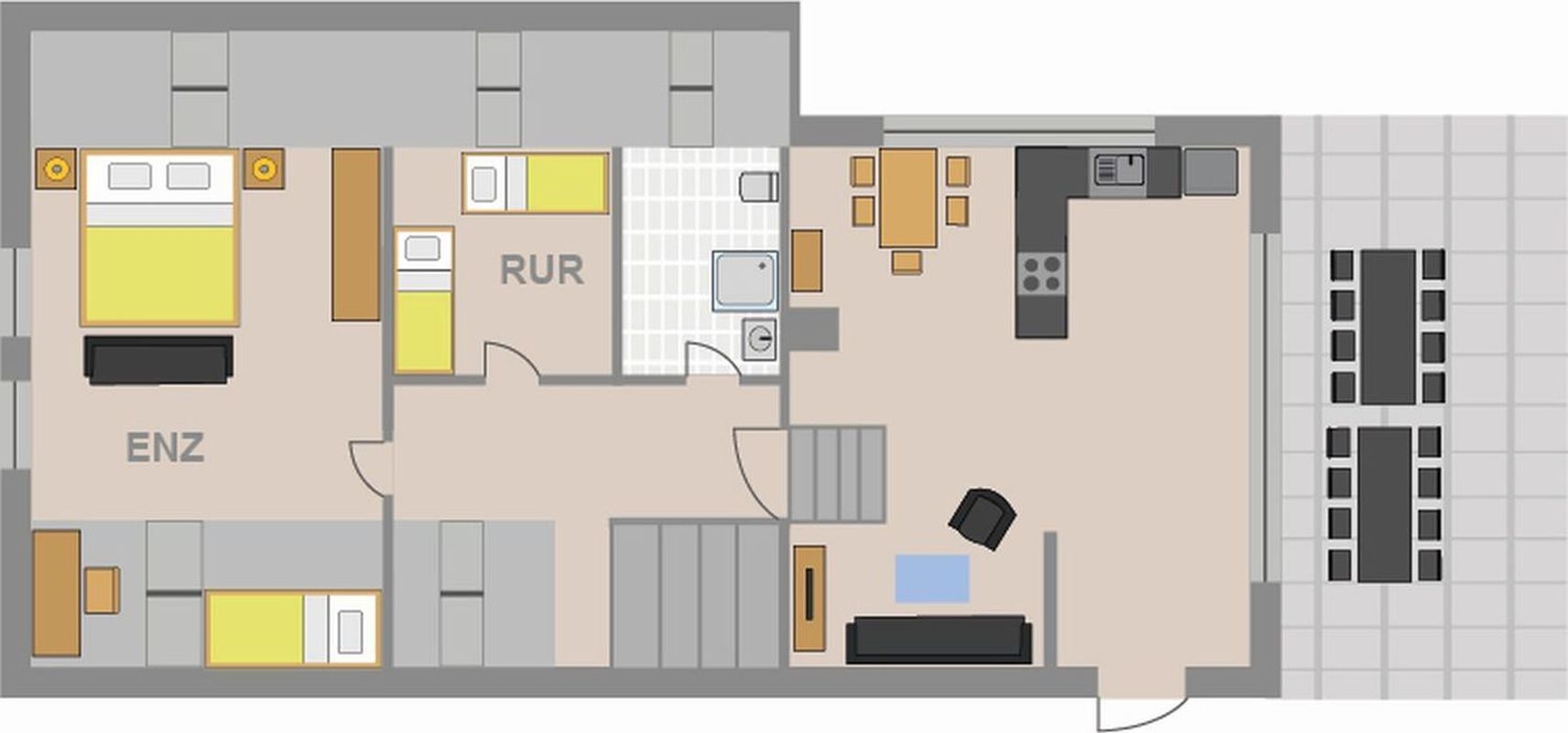 A hotel layout with a bedroom, bathroom, kitchen, and living area.