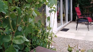 A patio area with a table, chairs, and a small building with a glass door. - Maisonette classified ***, in the heart of the greenery, between ocean and Landes forest (Saint-Julien-En-Born)