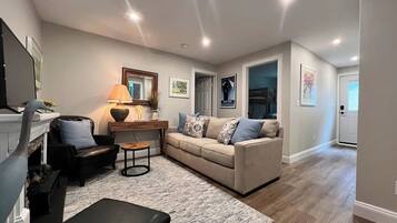 Smart TV, fireplace, books