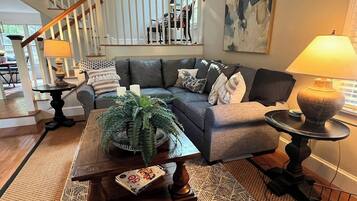 Smart TV, fireplace, books