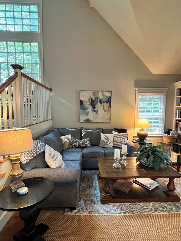 Smart TV, fireplace, books