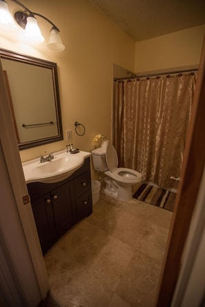 A bathroom with a sink, toilet, and shower curtain. - Oceanfront Vacation Rental (Hakalau)