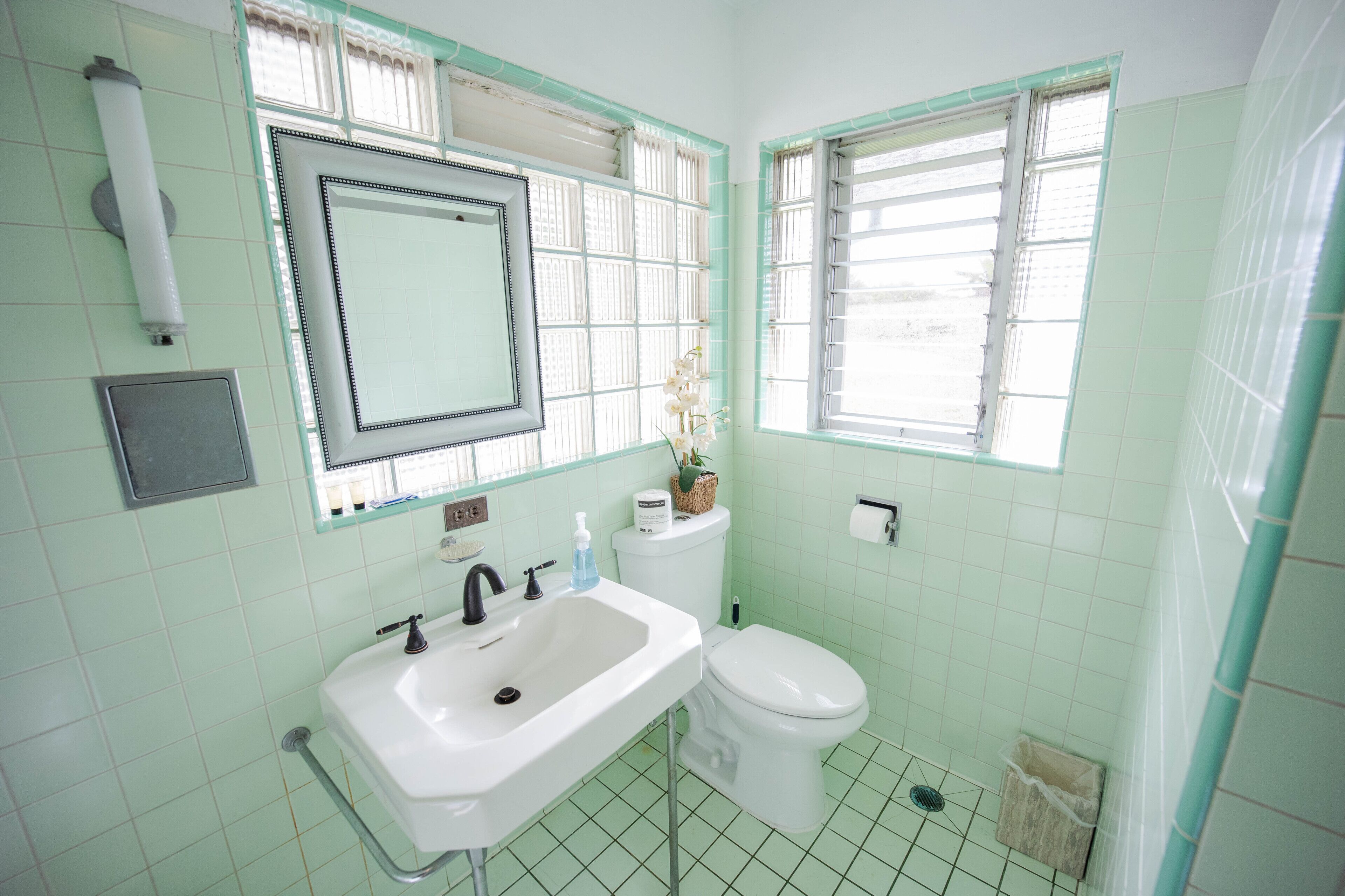 Un baño con lavamanos, inodoro y dos ventanas.