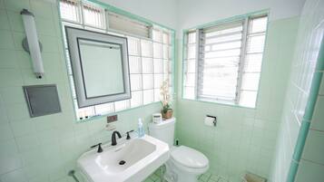 Un baño con lavamanos, inodoro y dos ventanas.
