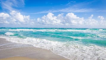 靠近海滩、沙滩椅、海滩遮阳伞、沙滩毛巾