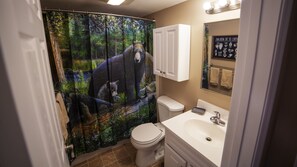 Combined shower/bathtub, hair dryer, towels