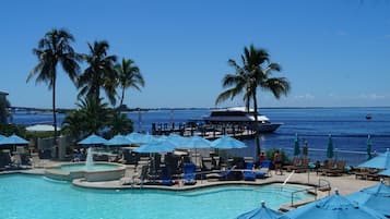 A heated pool, pool loungers