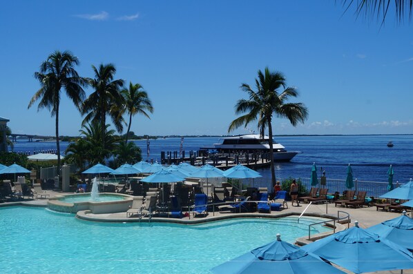 A heated pool, pool loungers