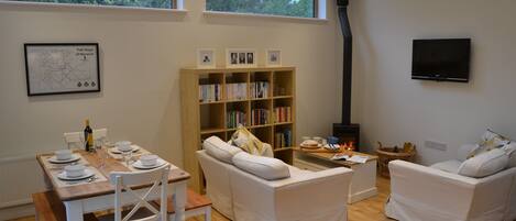 Télévision, cheminée, table de tennis de table, livres