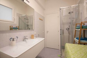 Shower, hair dryer, bidet, towels