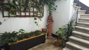 A staircase with a handrail, a potted plant, and a decorative column. - Bright Garden Flat w/ Patio | 5★ Reviews | 5 min to Tube & Westfield (London)