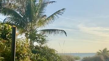 On the beach, sun loungers, beach towels
