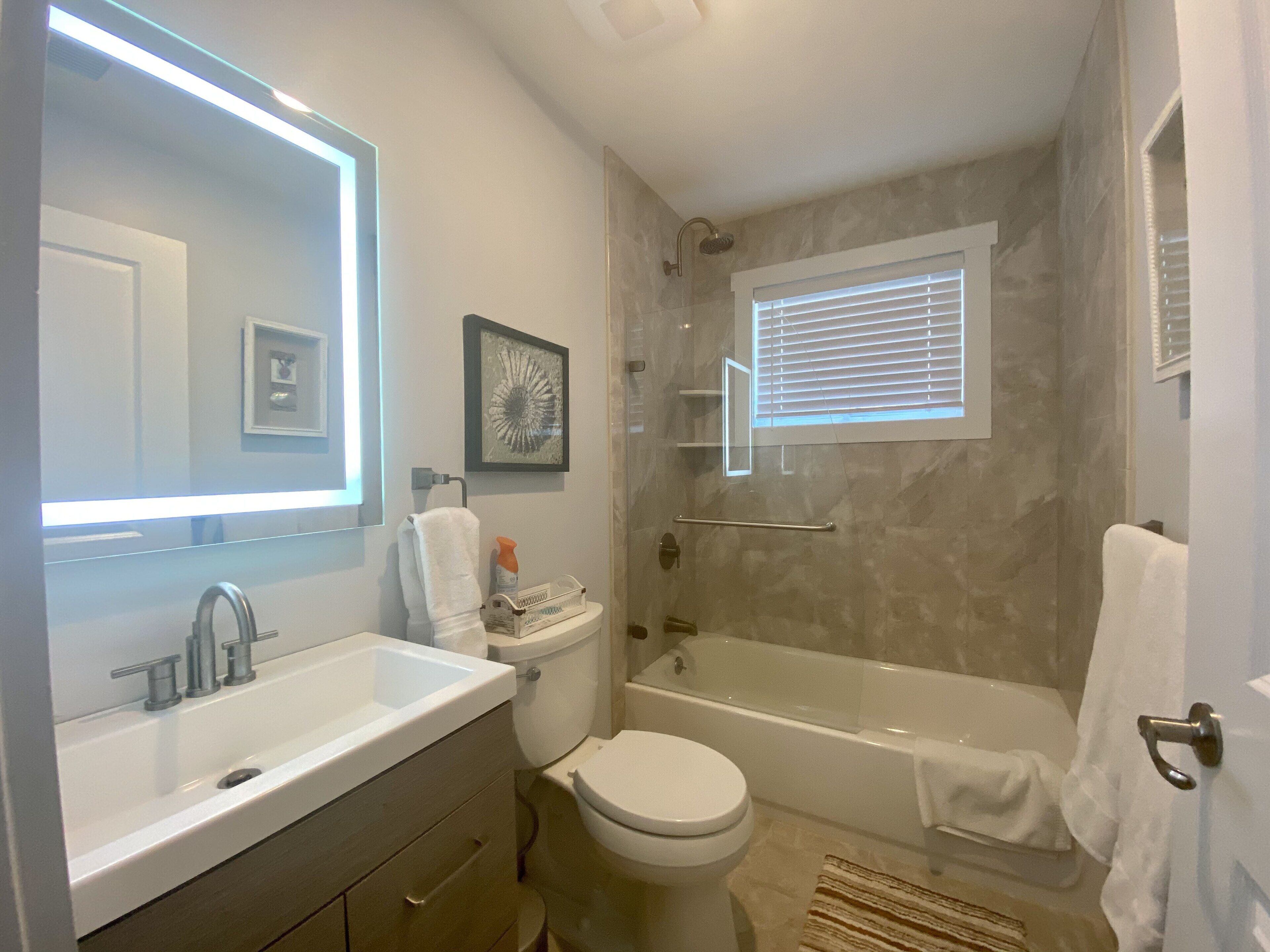 Combined shower/tub, hair dryer, towels, soap