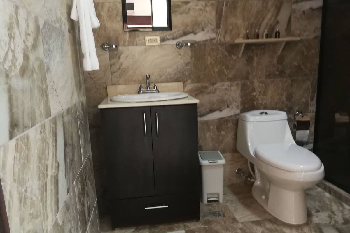 Shower, rainfall showerhead, free toiletries, towels