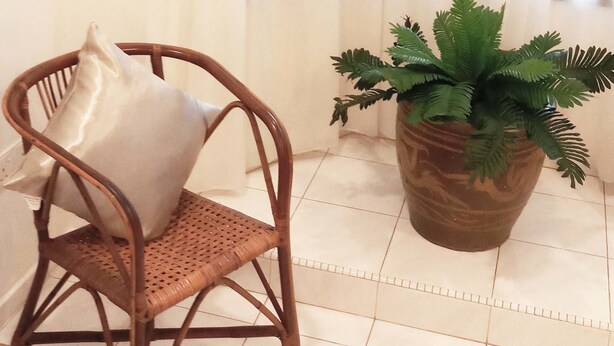 Una habitación con una silla de mimbre, una planta en maceta y una ventana con cortinas traslúcidas.