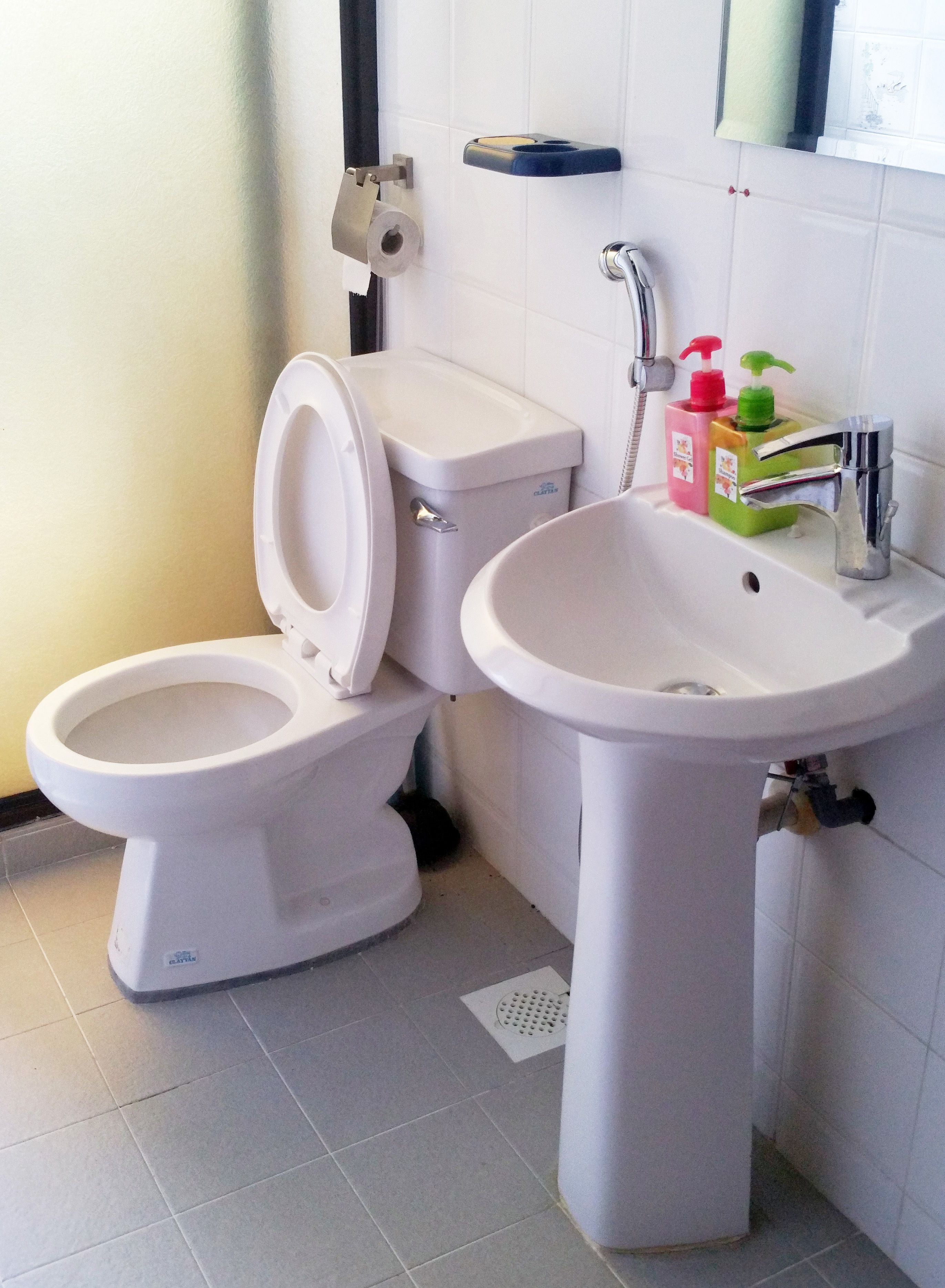 A bathroom with two toilets, a sink, and a mirror.