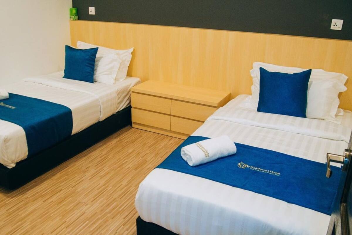 Two single beds with blue and white bedding, wooden headboards, and a wooden nightstand between them.