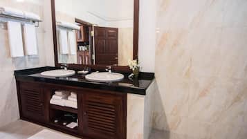 Shower, rainfall showerhead, designer toiletries, hair dryer