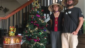 Una escalera con barandilla de madera y balaustres negros, que conduce a una zona de descanso con un árbol de Navidad decorado con adornos de colores.