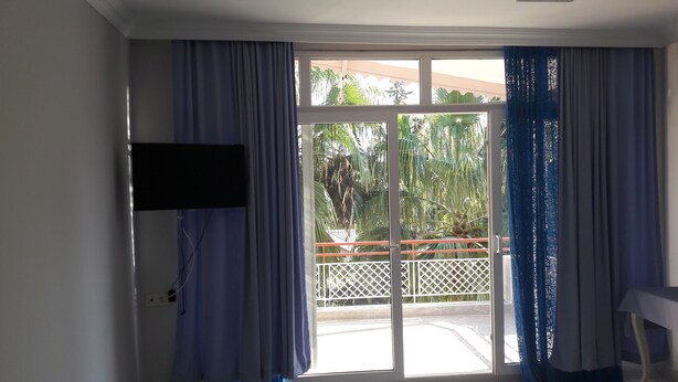Ein Zimmer mit einer Schiebeglastür, die auf einen Balkon mit weißem Geländer und Palmen führt.