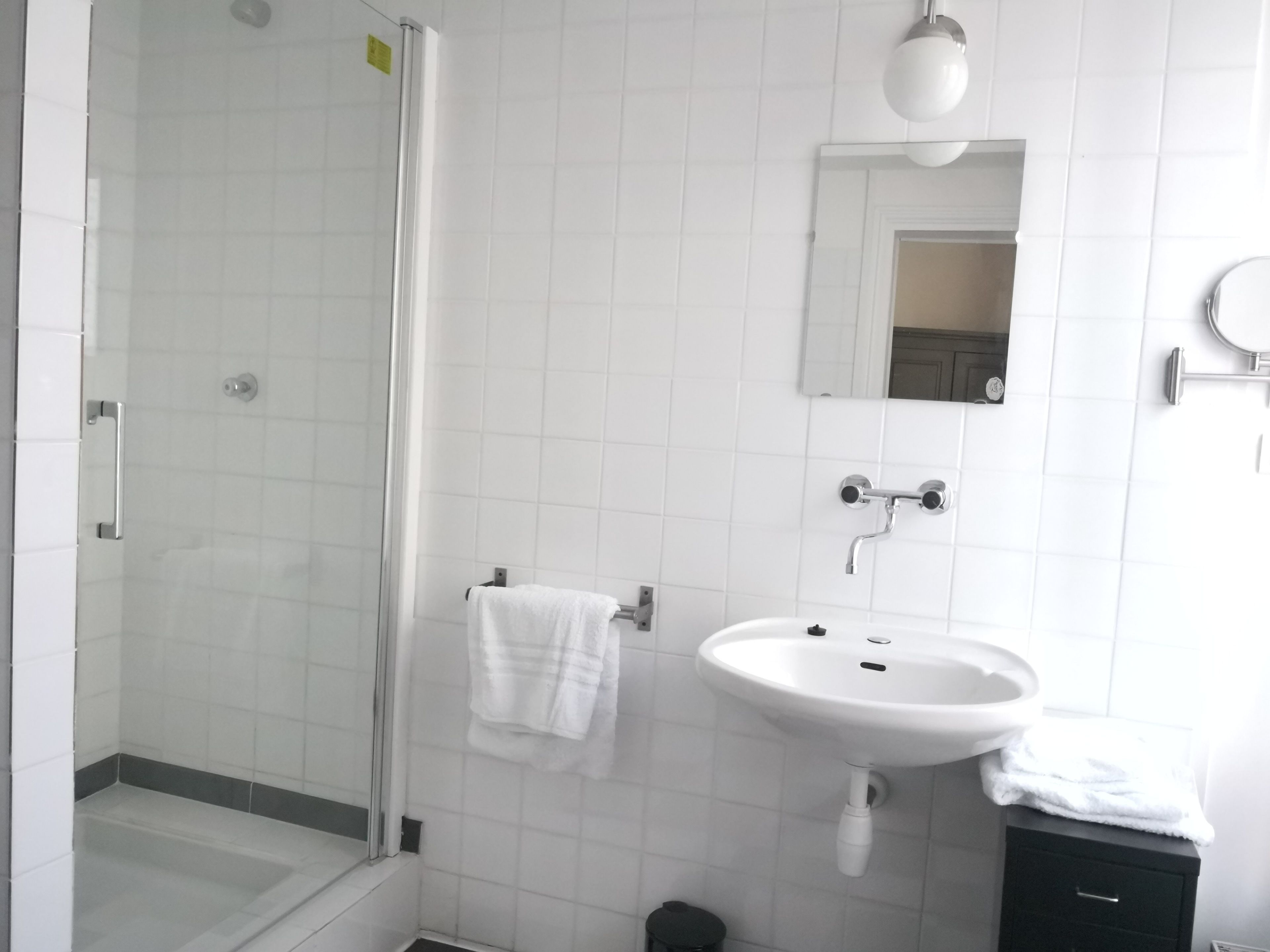 A modern bathroom with a glass-enclosed shower, a white sink, and a dark cabinet.