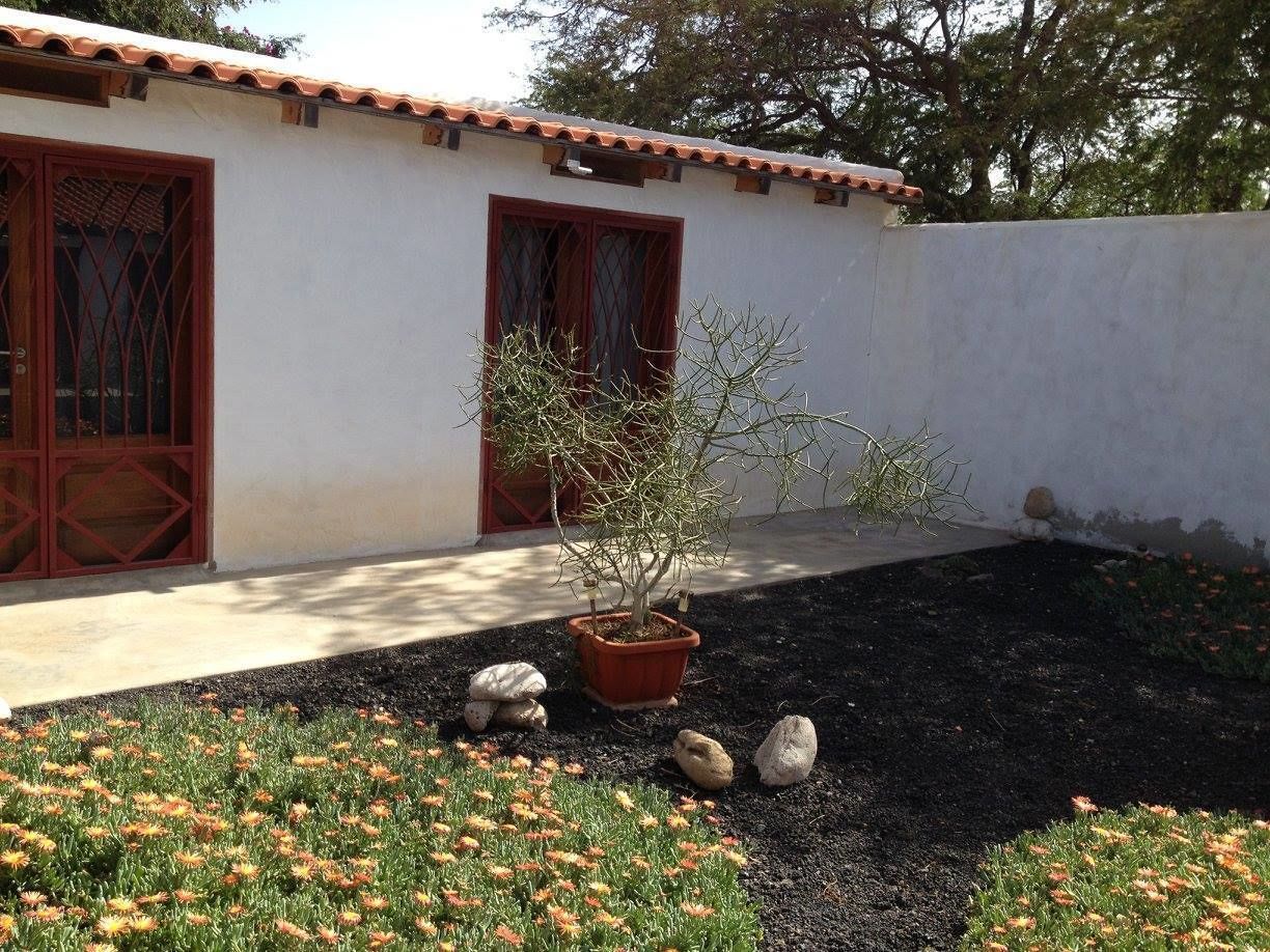 Un bâtiment avec un toit recouvert de tuiles, un pot de fleurs et un jardin agrémenté de fleurs et de rochers.
