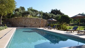 Seasonal outdoor pool, pool umbrellas, sun loungers