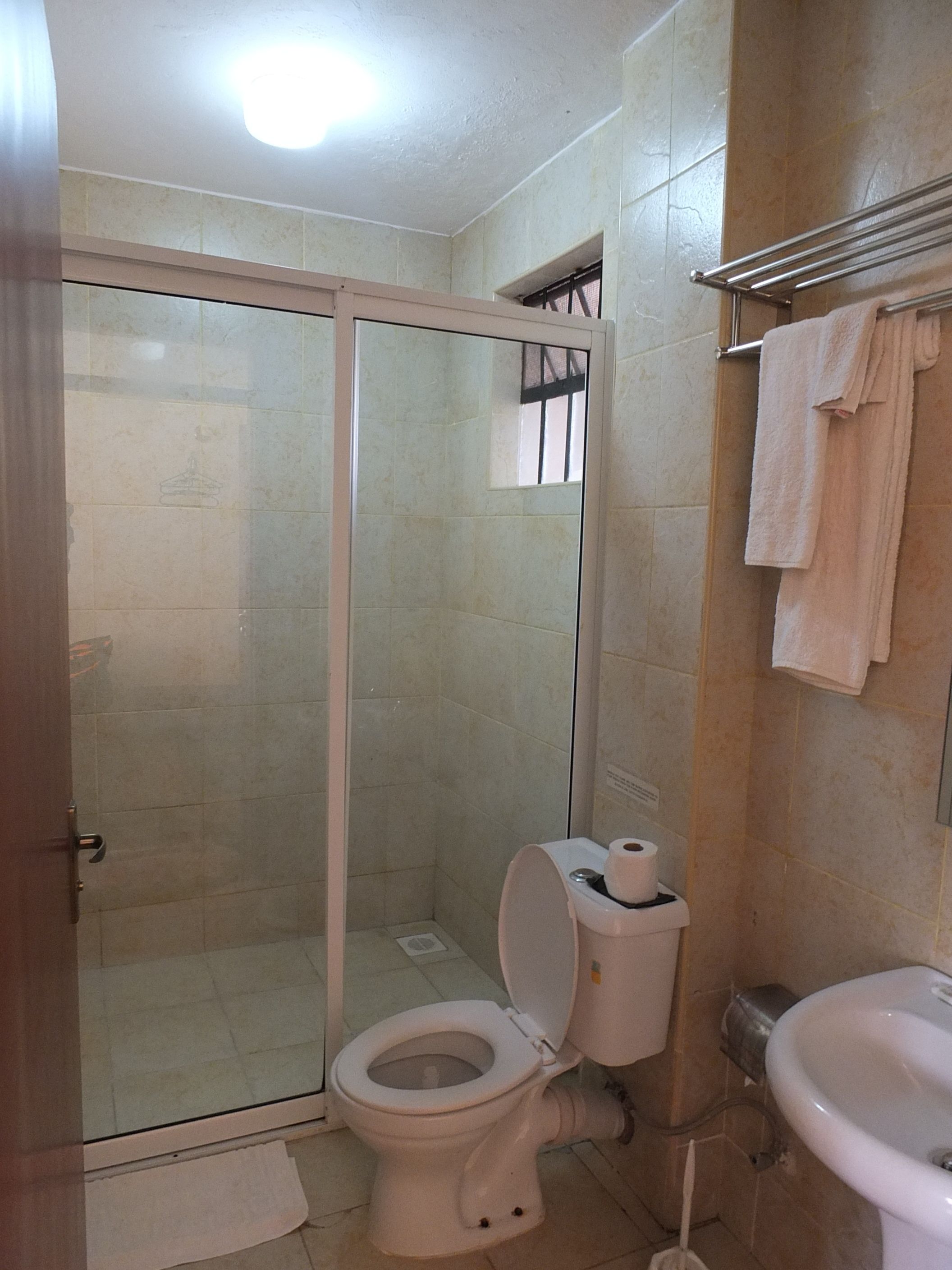 A bathroom with a toilet, bidet, and shower.