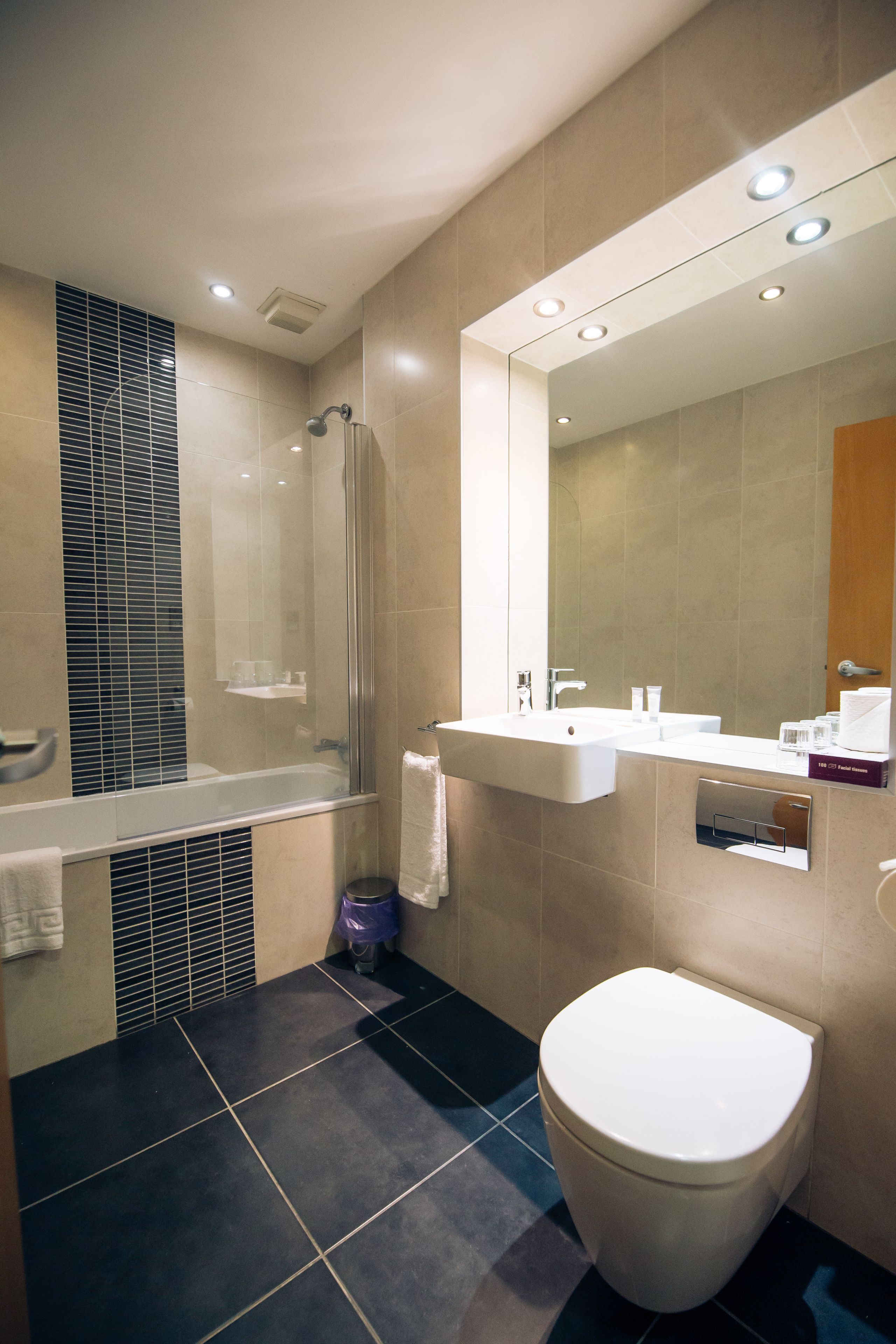 A modern bathroom with a bathtub, a shower, a toilet, and a vanity with a mirror.