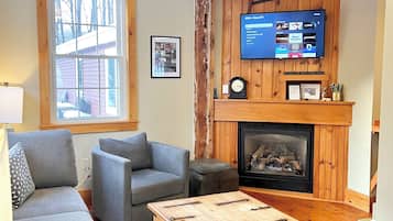 Smart TV, fireplace, books, computer monitors