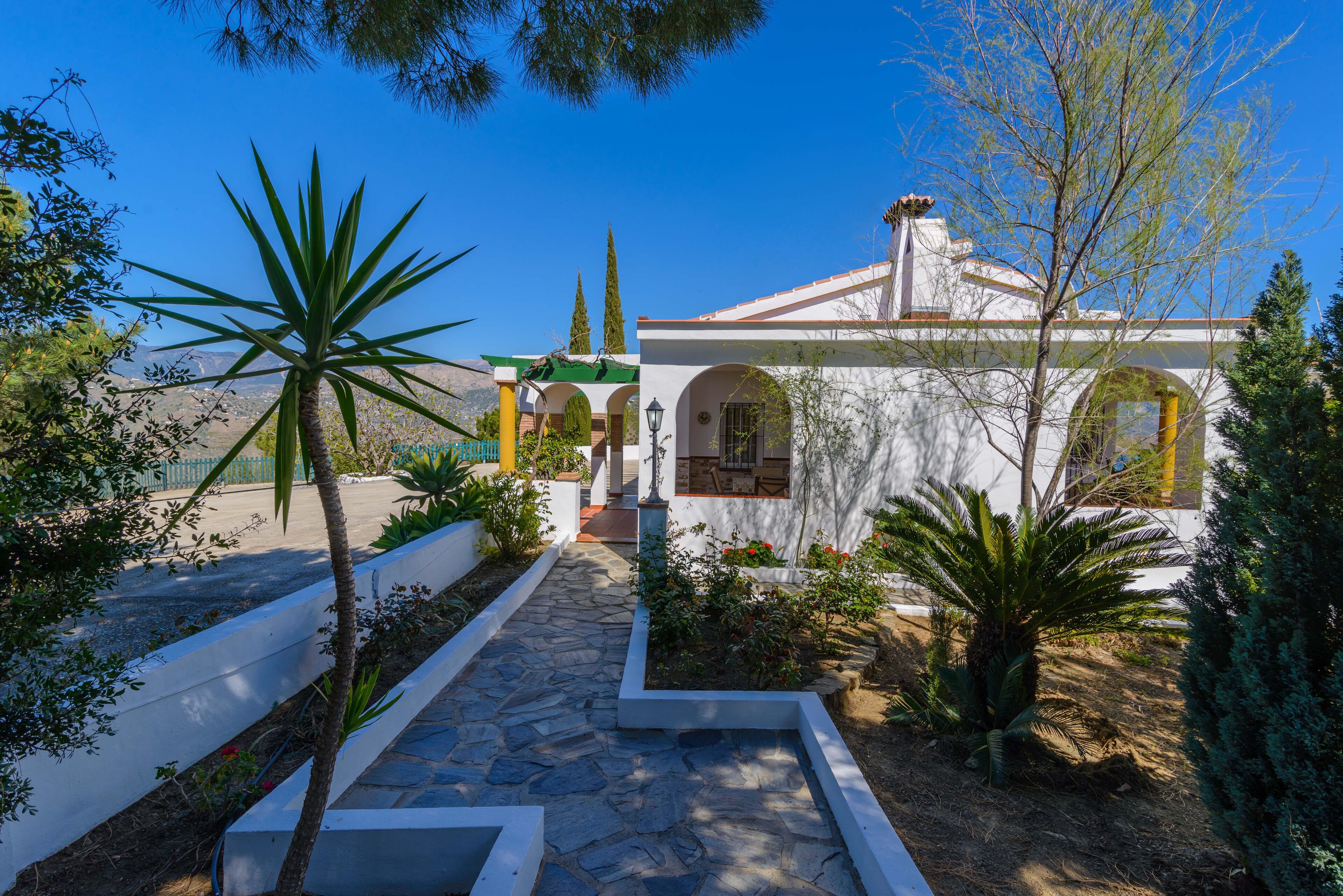 A building with a stone pathway leading to a white entrance, surrounded by various plants and a clear blue sky.