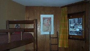 A room with a bunk bed, a ladder, a framed picture on the wall, and a window with a view of a cityscape. - Residential flat (Morzine)